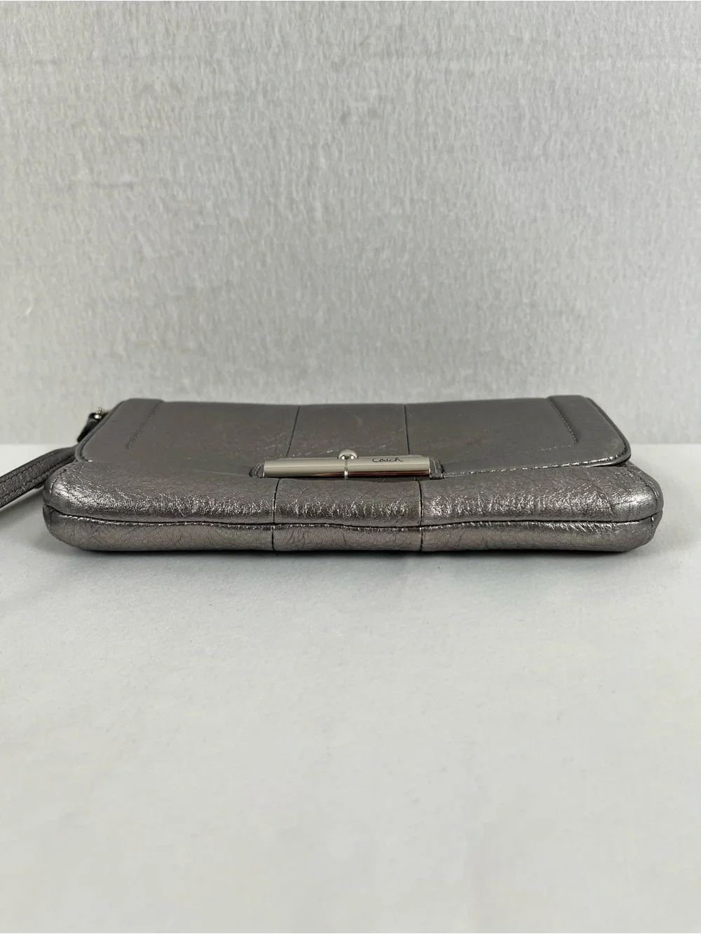 Coach Kristin Metallic Leather Flap Wristlet Clutch Gunmetal Pewter Gray 45104